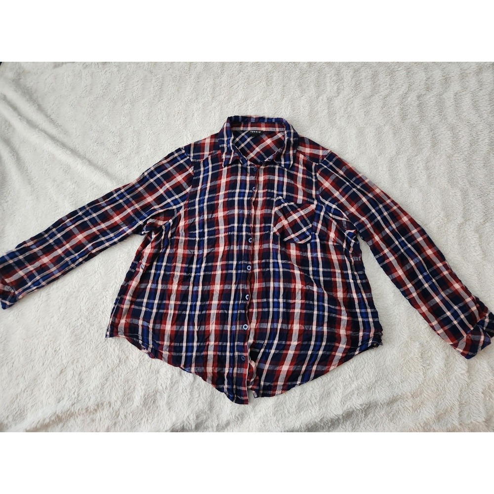 Torrid Womens Red Blue White Plaid Long Sleeve Button Up Shirt Blouse Size 0...
